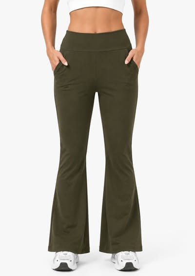 SparkNine Horizon flare broek - dames legging met zakken - petite pijplengte - S - legergroen - hoge taille - stijlvol & elastisch - sportlegging