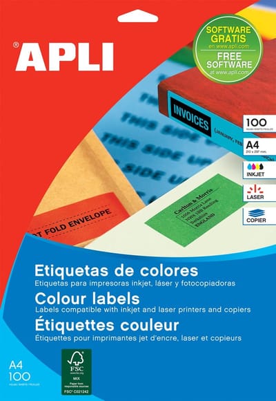 Apli Gekleurde etiketten formaat 210 x 297 mm (b x h) rood 100 stuks 1 per blad