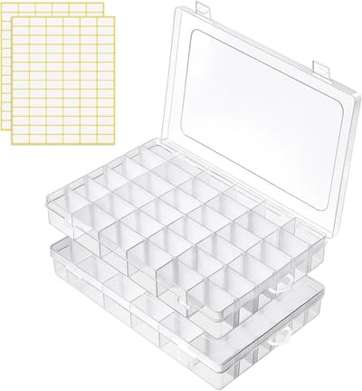 Sieradenopbergdoos met 36 Compartimenten, 2 Stuks, Verstelbare Plastic Organizer voor Sieraden en Knutselmaterialen met Stickers