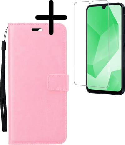 Hoesje Met Screenprotector - Geschikt voor Samsung Galaxy A16 - Luxe Pasjeshouder - Bookcase Portemonee - Flip Case - Kunstleer Book Case - Flipcase - Book Cover - Walletcase - Portemonneehoes - Lichtroze