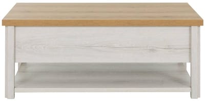 Salontafel Manosque 115 x 64 cm – Lift Tafelblad 46-60 cm – Met Opbergruimte – Wit/Eiken Look