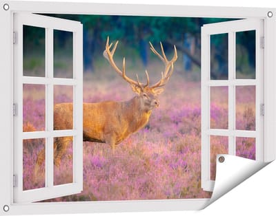 Gards Tuinposter Doorkijk Hert in de Weide tijdens Zonsondergang - 90x60 cm - Tuindoek - Tuindecoratie - Wanddecoratie buiten - Tuinschilderij