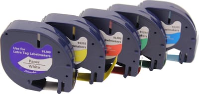KATRIZ® huismerk label tape voor Dymo | 1x 91200(Zwart op Wit) + 1x 91203(Zwart op Rood) + 1x 91205(Zwart op Blauw) + 1x 91202(Zwart op Geel) + 1x 91204(Zwart op Groen) | 12mm*4m | 5 stuks