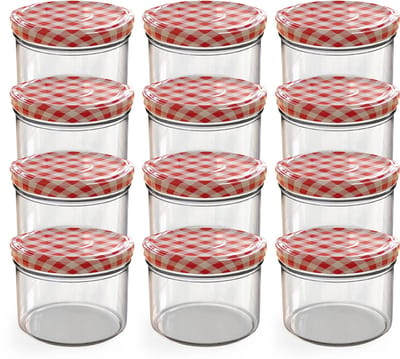 Oputec 12x 230ml inmaakpotten / voorraadpotten TO Ø 82 mm – glazen jampotten – metalen schroefdeksel rood-wit geruit – conservenpotten