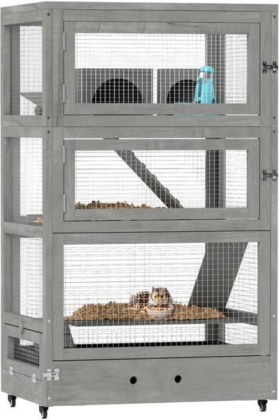 PawHut Hamsterkäfig aus Holz, 65 x 45 x 109 cm Mäusekäfig Nagerkäfig mit Hütten, Wippe, Palette, Futterschalen, 4-Stufig Kleintierkäfig mit Schloss, Rampen, Rollen, für Zwerghamster Grau