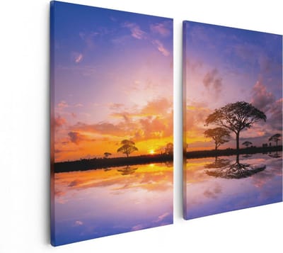 Artaza Canvas Schilderij Tweeluik Silhouet Van Bomen Tijdens Zonsondergang - 80x60 - Foto Op Canvas - Canvas Print