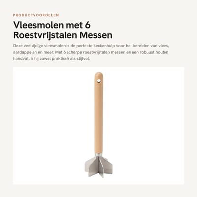 Dailygoods- Vleesmolen 6-blad roestvrij staal - Gehaktverdeler - Aardappelstamper - Houten handvat - 28 cm lang - Ergonomisch ontwerp - Vleesvermaler