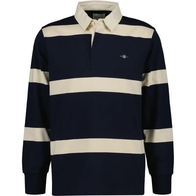 Gant Heavy Rugger Stripe Shield Polo Streep Navy Wit - Maat S - Heren - Longsleeve polo