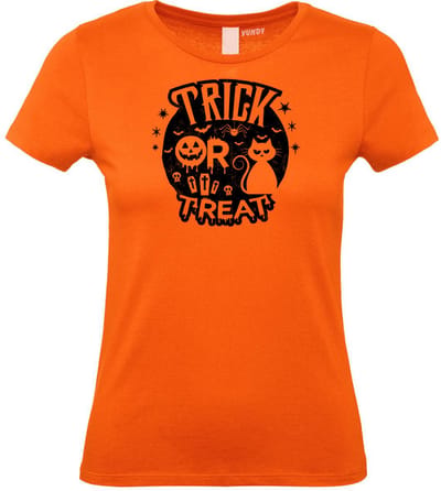 Dames t-shirt Trick Or Treat Cat | Halloween Kostuum Volwassenen | Halloween | Foute Party | Oranje dames | maat XS