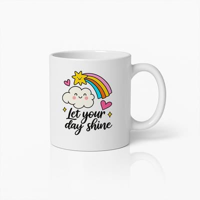 Let Your Day Shine Mok 330ml – Schattige Regenboog en Wolk Beker – Positieve Quote Cadeau voor Vrienden, Kinderen & Geliefden