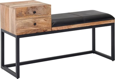 Geitenleerbank - Retrostijl massief houten bank - Metalen gangbank met opbergruimte - Zwart gewatteerde lederen opbergbank - Kleine gangbank - 100x60x35 cm