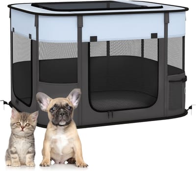 PawHut Welpenauslauf, Welpenlaufstall mit Türen, Fenster, faltbar Laufgitter, Atmungsaktiv Netz, für kleine Hunde unter 4 kg und Kleintiere, Indoor und Outdoor, 74 x 60 x 45 cm, Grau