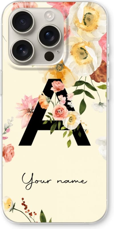 Gepersonaliseerd - Case Company® - Hoesje geschikt voor iPhone 16 Pro hoesje - Flirty Flowers Monogram - Soft Cover Telefoonhoesje - Bescherming aan alle Kanten en Schermrand