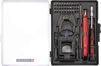 Parkside Precisie Gereedschapset - Set: 37 delig - Zuignapklem - 2x openingsgereedschap van kunststof - Hobbymes met 9 mm lemmet - Standloep, 2,5x vergroting - Magnetische zeskant-bithouder - Pincet van RVS - 30x magnetische precisiebits, 28 mm