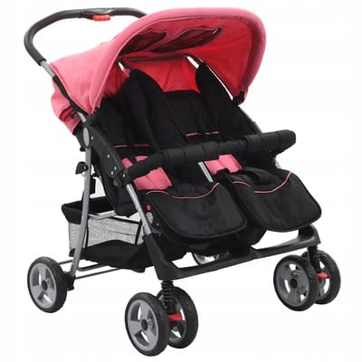 Roze/Zwarte Kinderwagen voor 2 Kinderen - Compact en Praktisch