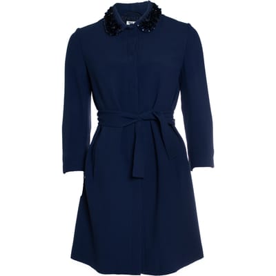 Miu Miu, blauwe jas met riem en geborduurde kraag