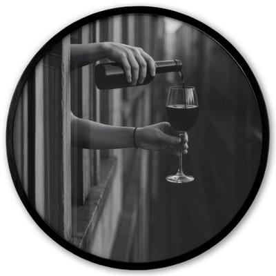 Poster in lijst Rond - Fotolijst 40x40 cm - Posters - Wijnfles - Glas - Handen - Raam - Ronde posterlijst zwart - Decoratie - Wanddecoratie woonkamer - Muurdecoratie slaapkamer
