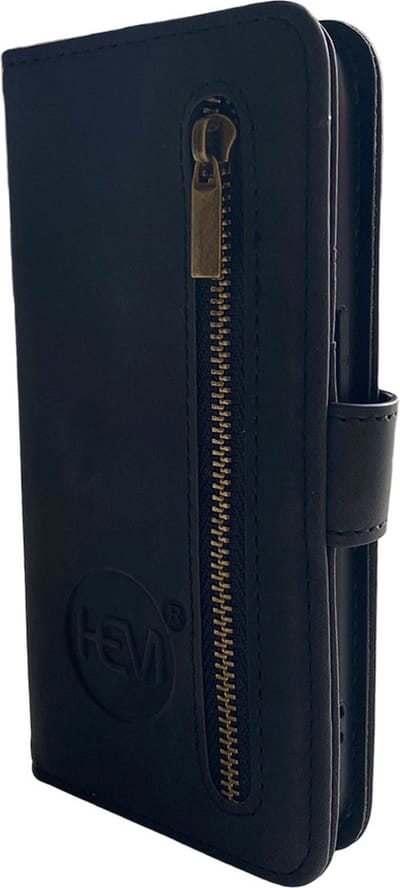 HEM Silky Black Bookcase Geschikt Voor Apple iPhone 14 / 15 – Zwart Hoesje Met Rits – Luxe Wallet Case Met Pasjeshouder – Beschermend Telefoonhoesje