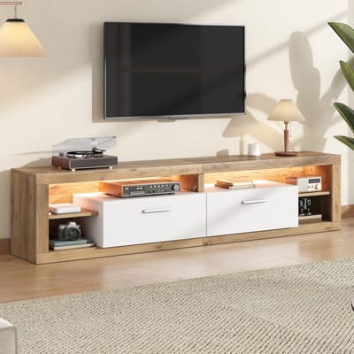 TV-Meubel - 180 x 35,5 x 50 cm - LED Lowboard met 2 Laden en 4 Vakken - Spaanplaat - Naturel en Wit