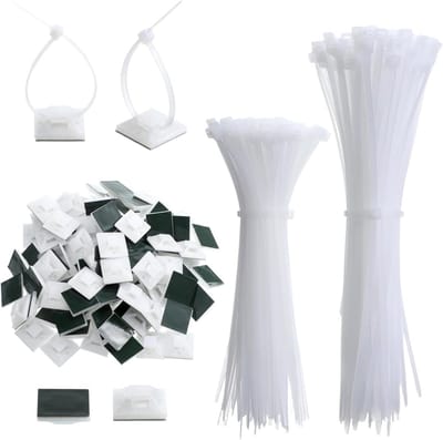 300 Stuks Kabelbinders Wit, 120mm/150mm en Zelfklevende Kabelclips voor Kabelbeheer, Kabelbevestiging en Organisatie