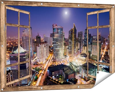 Gards Tuinposter Doorkijk Makati Stad Skyline in de Nacht in Thailand - 120x80 cm - Tuindoek - Tuindecoratie - Wanddecoratie buiten - Tuinschilderij