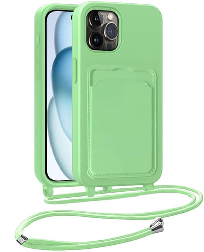 Hoesje Geschikt voor iPhone 14 Pro Hoesje Met Telefoonkoord en Pasjeshouder Siliconen - Hoes Geschikt voor iPhone 14 Pro Hoesje Met Kaarthouder Case - Groen