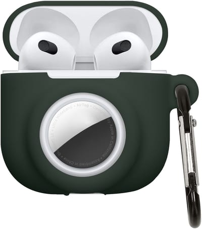 kwmobile oordopjes case geschikt voor Apple Airpods 4 hoesje - Oortjes cover met AirTag houder - In-ear koptelefoon hoes - Silicone in donkergroen