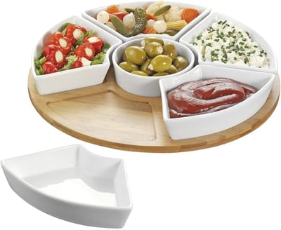 6-vaks Draaibare Noten- & Snackschotel Set – Houten Bamboe Serveerschaal met Keramische Bakjes – Fruitschaal voor Woonkamer & Theetafel