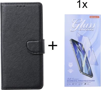 Bookcase Geschikt voor: OnePlus Nord N10 - Zwart - portemonnee hoesje met 1 stuk Glas Screen protector