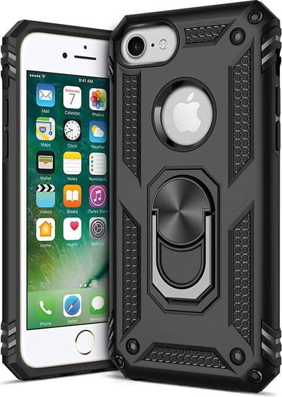HB Hoesje Geschikt voor Apple iPhone 7 / 8 - Anti-Shock Hybrid Armor Back Cover - Hoes met Kickstand Ring - Zwart