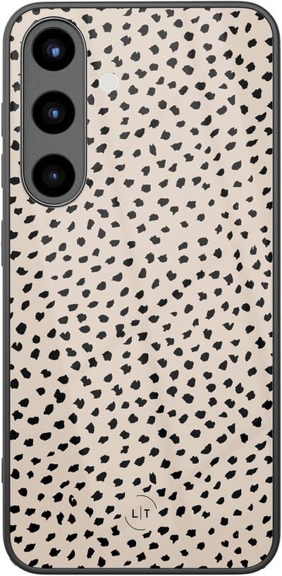 Hoesje geschikt voor Samsung Galaxy S25 - Almond dots - Luxe Glazen Hardcase - Gestipt - Beige