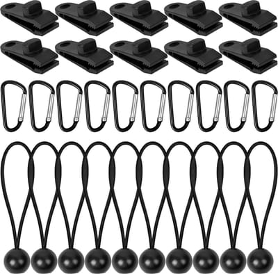 Zeilklemmen - 10 Stuks - Dekzeilclips - Tentclip - Luifelclip - Campingluifelclip - Met 10 Spanelastiek en D-vormige karabijnhaken - Tentspanners Met Bal - Outdoor Activiteitenclip Luifel - Klemmen Voor Bootzeil/Zeil/Spandoeken - Zwart