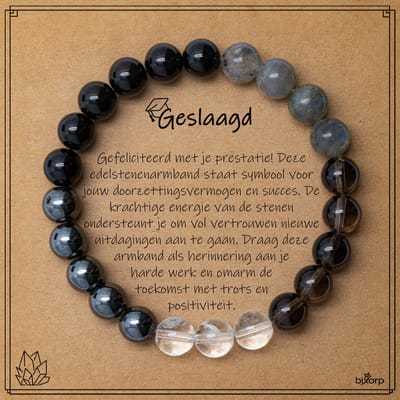 Bixorp Labradoriet + Hematiet + Onyx + Rookkwarts Armband op Cadeau Kaartje - Geslaagd - 8mm / 18cm Edelsteen Kralenarmband - Inclusief Cadeau Envelop