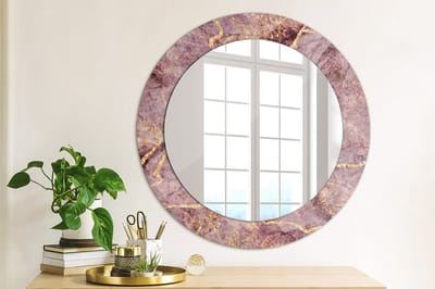 Wallfluent Bedrukte Ronde Spiegel - Ronde Wandspiegel Decoratieve Print Imitatiemarmer - 60 cm / 46 cm - Gouden - Gouden Ronde Spiegel Met Bedrukte Lijst - Badkamerspiegel - Gangspiegel - Eetkamer - Spiegelmontageset