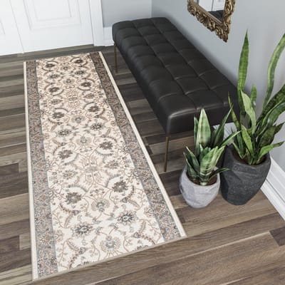 Tapiso Dubai Tapijt Loper Beige Bloemenprint Woonkamer Slaapkamer Hal Maat – 70x100