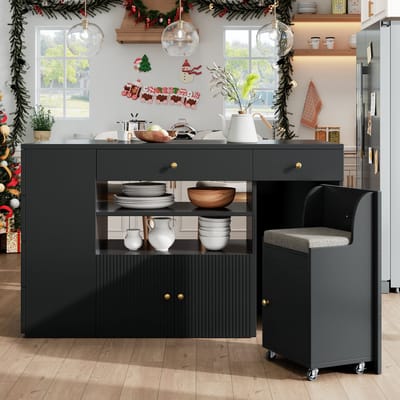 MODFU Keukeneiland Met Opbergruimte En Verrijdbare Kruk - Tijdloos - Voor Keuken - MDF En Metaal - Zwart - 140 X 40(70) X 89 Cm