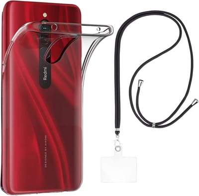 Set met hoesje en nekband voor xiaomi redmi 8 - Flexibele, transparante TPU-bescherming, verstelbare universele nekband voor mobiele telefoons, zwarte nekband, transparante draagriem van Phonillico®