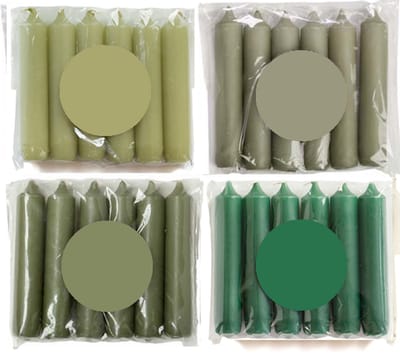 Cactula luxe gekleurde korte dinerkaarsen in Trendy kleuren! 4 pakjes van 6 kaarsen in de kleur Greener 2.1 x 12 cm
