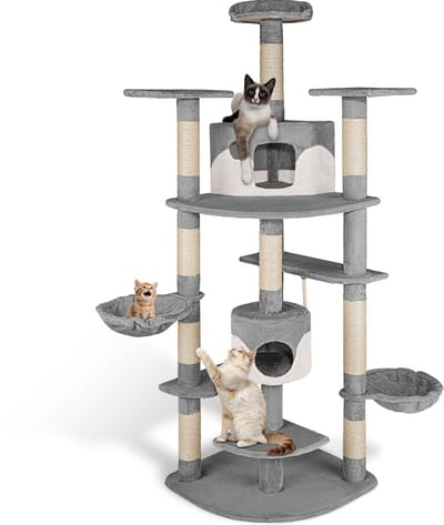 tectake® Grote Kattenkrabpaal - Grijs/Wit - XXL Krabmeubel met 2 Kattenhuisjes, Speeltoren, Krabpaal van Sisal en Accessoires - Kattenboom, Kattenkrabpaal, Krabmeubel voor Katten