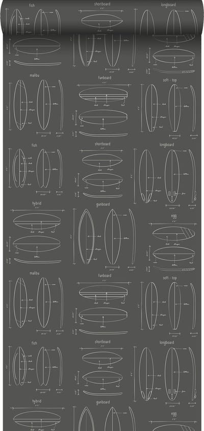 ESTAhome behang technische tekeningen van surfplanken donkergrijs - 53 cm x 10.05 m - 128872