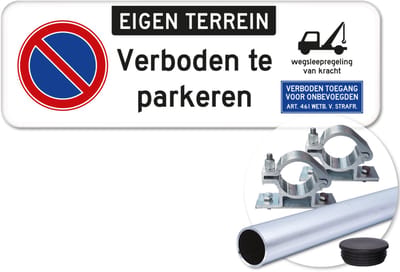 Parkeerbord Eigen Terrein - Weerbestendig Aluminium - 40x15 cm - Bevestiging: Met paal 120 cm + paalbeugels + paaldop