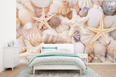 Behang - Fotobehang Zeesterren - Schelpen - Strand - Zomer - Breedte 375 cm x hoogte 280 cm