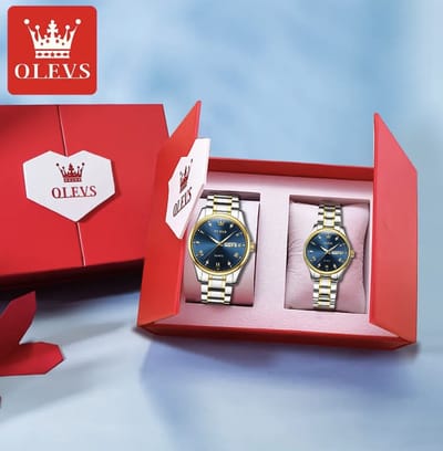 Olevs - Heren en dames Horlogeset - Lederen Band - Polshorloge - Heren- dames - Cadeau - Horloge - Geschenkdoos - Mannen - zilver en blauw - (FREE) horloge gereedschap -