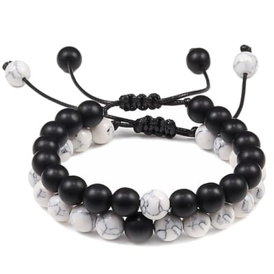 Fako Bijoux® - Dubbele Kralen Armband - Natuursteen Armband Koord - Howliet & Mat Zwart