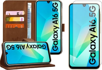Hoesje geschikt voor Samsung Galaxy A16 - Screenprotector Glas - Portemonnee Book Case Bruin