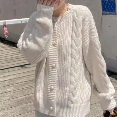 Botvotee – Cardigan tricoté pour femme, Vintage, surdimensionné, col rond, manches longues, pull Chic, couleur unie, veste boutonnée, automne hiver One Size beige