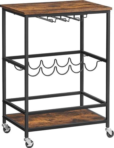 serveerwagen met universele wielen, barwagen, Wijnrek, glas- en flessenhouders, 60 x 40 x 75 cm, industrieel ontwerp, vintage bruin-zwart LRC087B01
