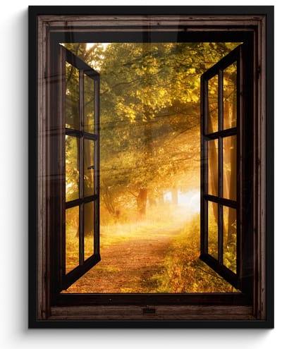 Poster in lijst - Fotolijst 50x70 cm - Posters - Bos - Bomen - Zonlicht - Herfst - Bospad - Natuur - Doorkijk - Posterlijst zwart - Decoratie - Wanddecoratie woonkamer - Muurdecoratie slaapkamer
