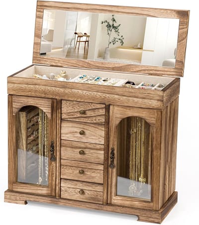 Grote Houten Sieradenbox voor Vrouwen met Spiegel, 6 Lagen, Opbergdoos en Organiser voor Kettingen, Oorbellen en Ringen in Rustiek Bruin