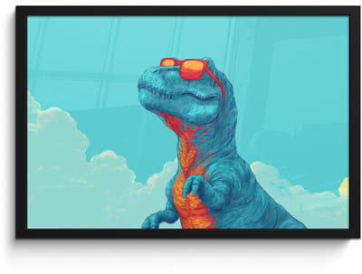Poster in lijst - Fotolijst 60x40 cm - Posters - T-Rex - Blauw - Wolken - Zonnebril - Posterlijst zwart - Decoratie - Wanddecoratie woonkamer - Muurdecoratie slaapkamer